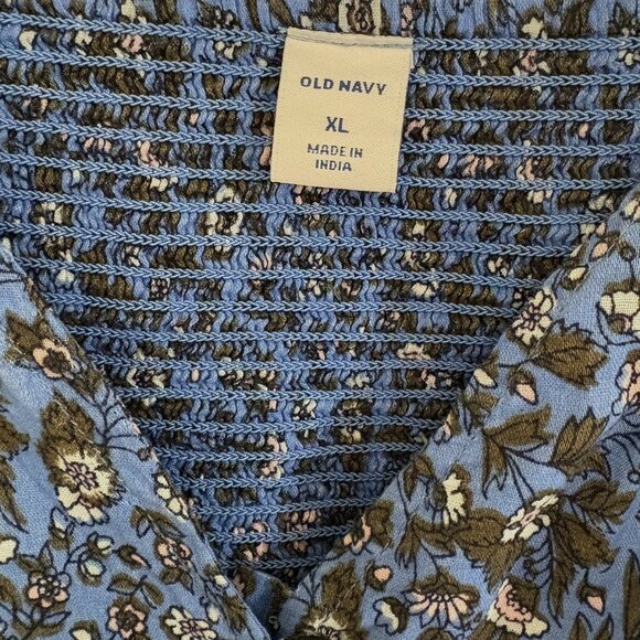 Old Navy Button Front Waist Defined Blouse Smocked Back Peasant Top Blue Floral - Picture 5 of 6